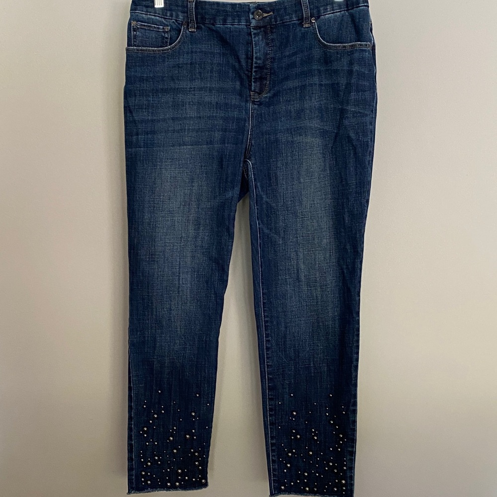 Chico's Dark Blue Cropped Jeans with Embellished Hem
